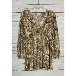 Melloday Stitch Fix Women's S Small Beige Print Long Sleeve Smocked Tunic Top